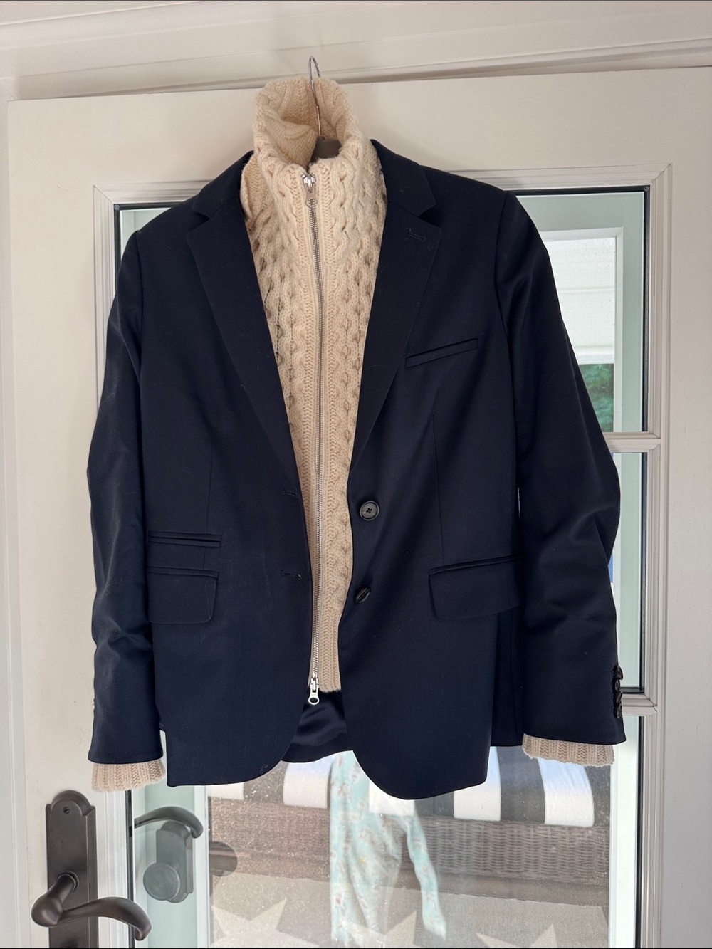Men's Navy Blazer with Cream Cable-Knit Zip Sweater Insert